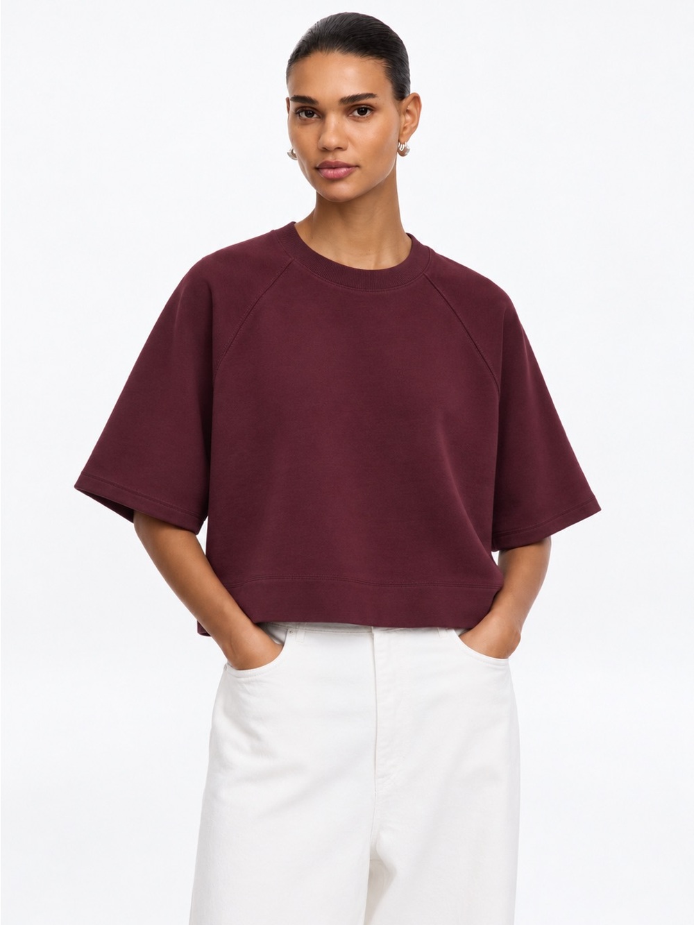 & Other Stories Relaxed Crewneck Boxy Top Burgundy US L Good